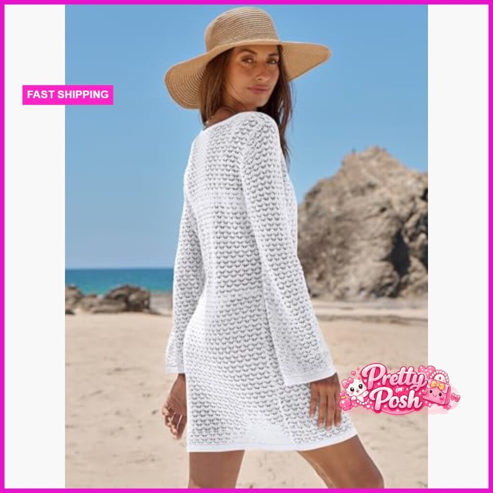 Crochet Mesh Knit Beach Cover Up Dress Long Sleeve V Neck - Picture 6 of 7